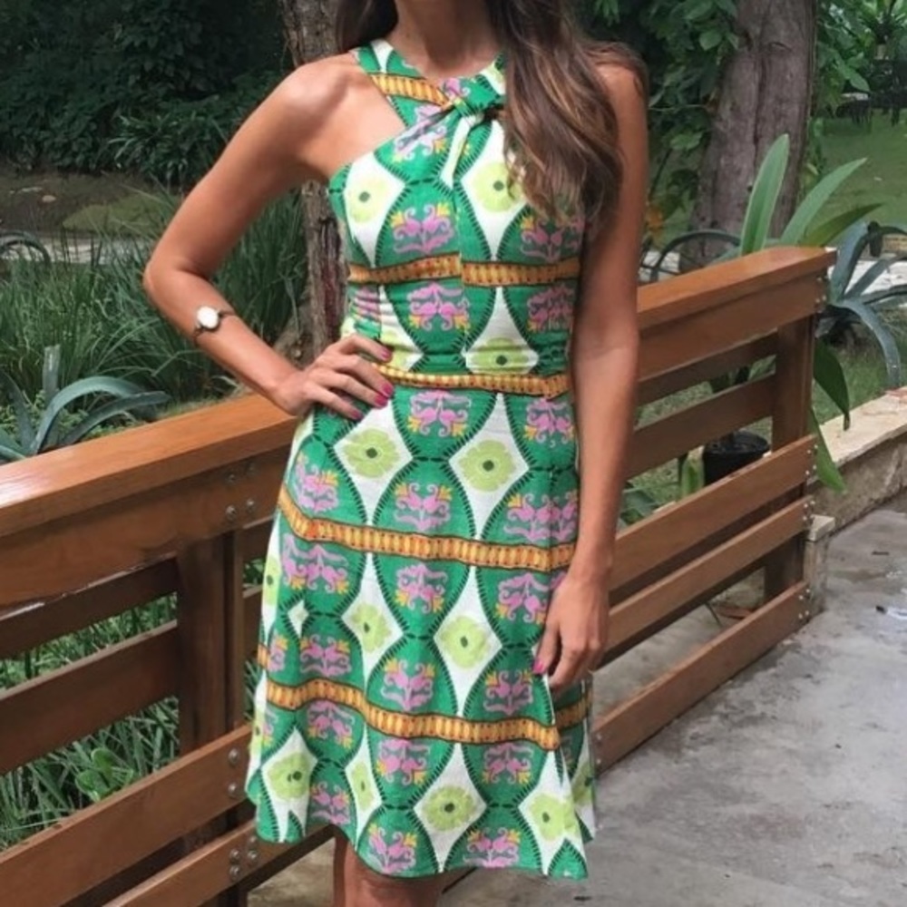 Farm Rio Linen Blend Green Boho Patterned Sleeveless T Back Mini Dress Medium